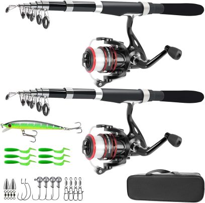 Fishing Pole Combo Set,2.1m/6.89ft 2PCS Collapsible Rods 2PCS Spinning Reels Lures Set Carrier Bag Carbon Fiber Telescopic Fishing Rods Sea Saltwater Freshwater Kit Fishing Rod Reel Combos